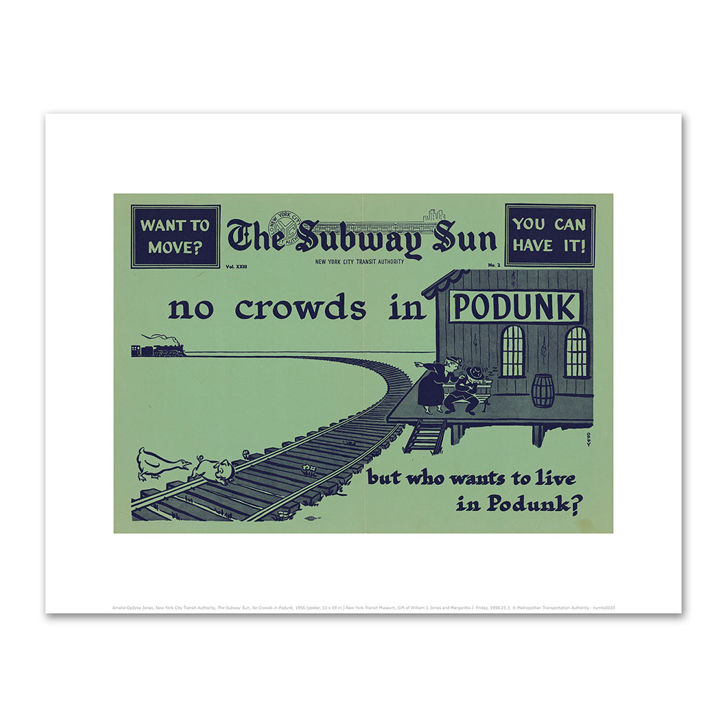 Amelia Opdyke Jones, New York City Transit Authority, The Subway Sun, No Crowds in Podunk, 1956, Art Prints in 4 sizes by 2020ArtSolutions